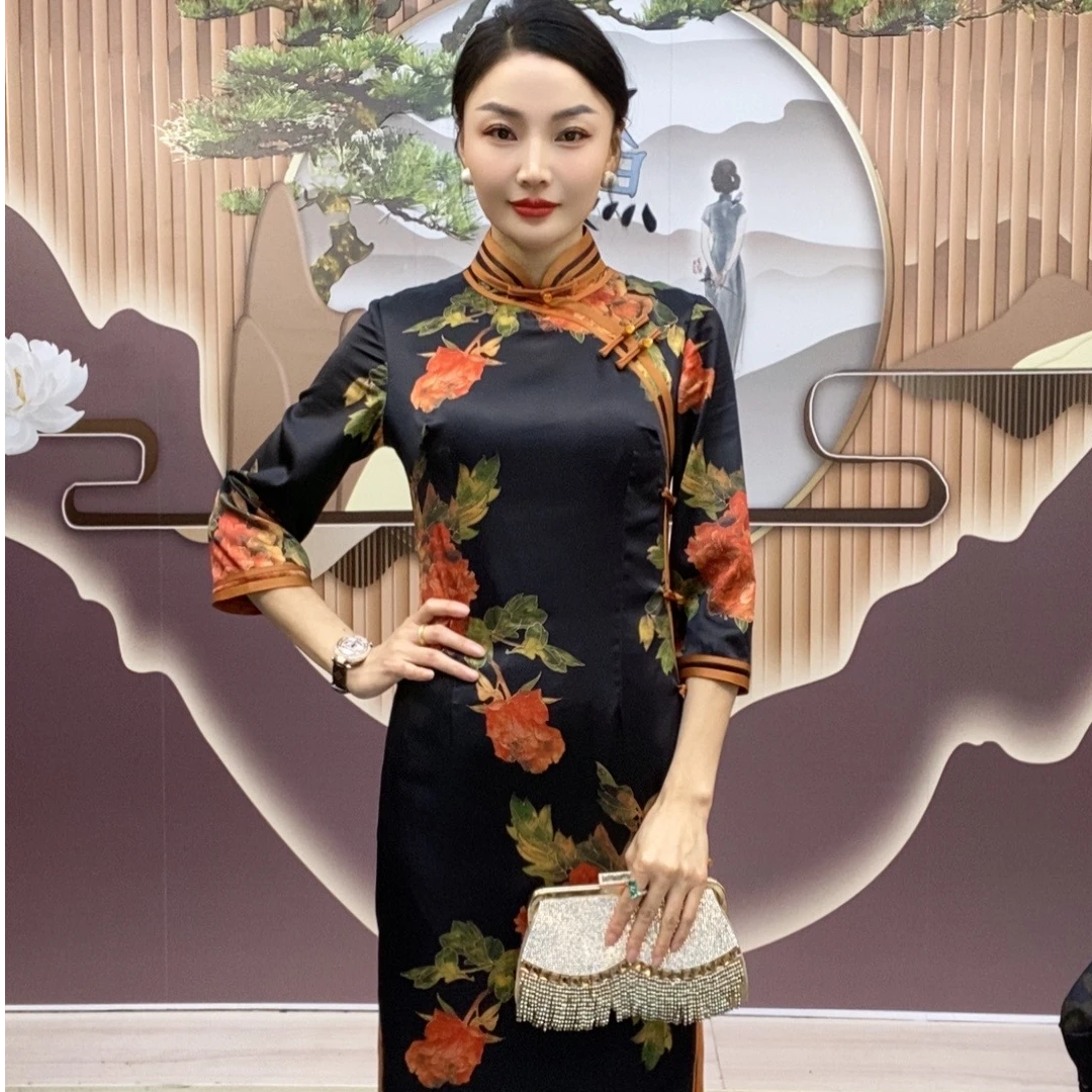 秋季新款2024高端黑色气质优雅中国风长款旗袍日常修身高级感