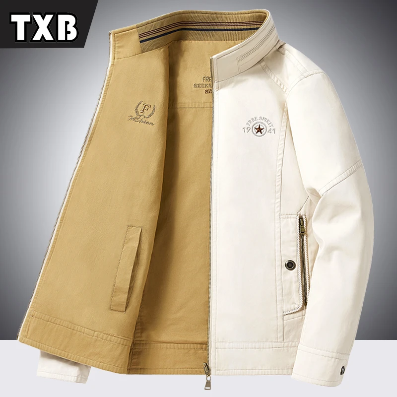 两面穿夹克男春秋季纯棉中年男士立领上衣宽松大码爸爸装休闲外套