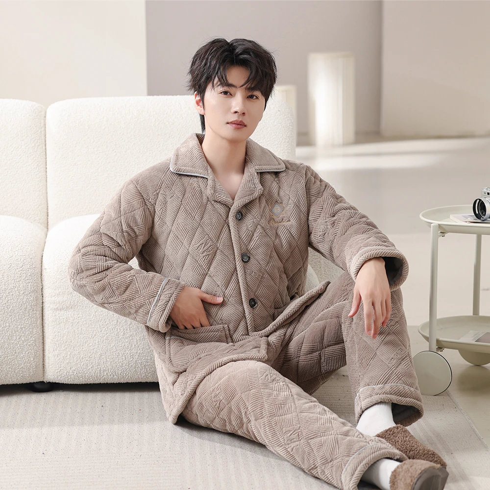 中老年睡衣男士冬季加绒加特厚三层夹棉大码家居服套装可外穿冬天