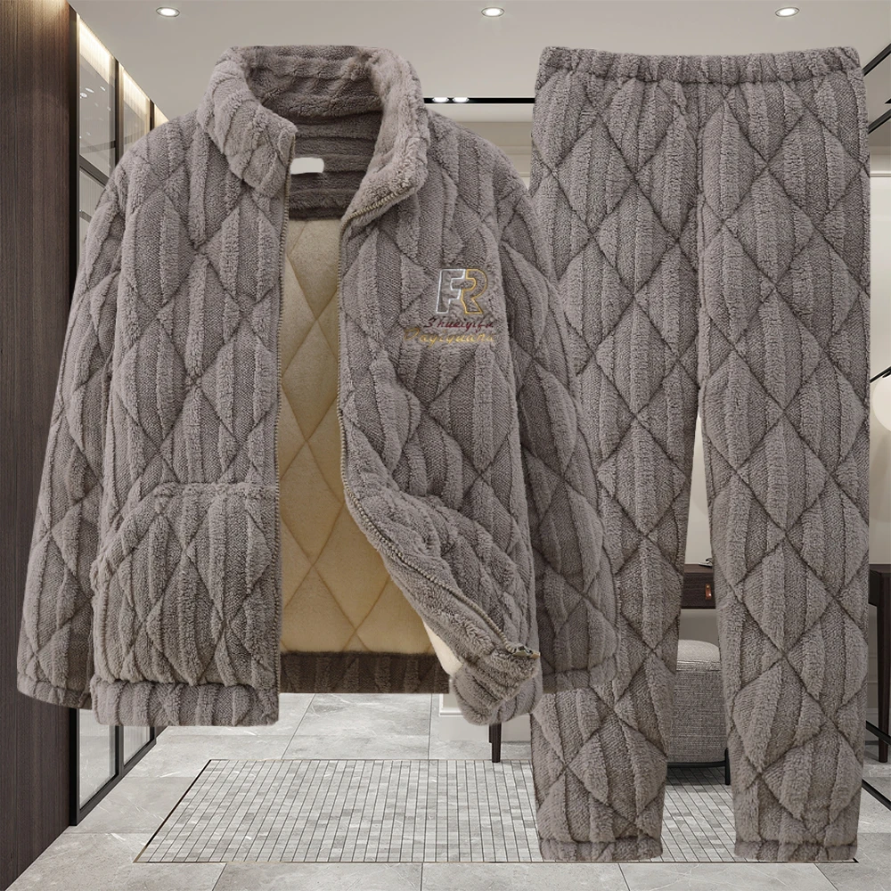 睡衣冬季三层加厚加绒男士夹棉珊瑚绒中老年人爸爸保暖家居服套装