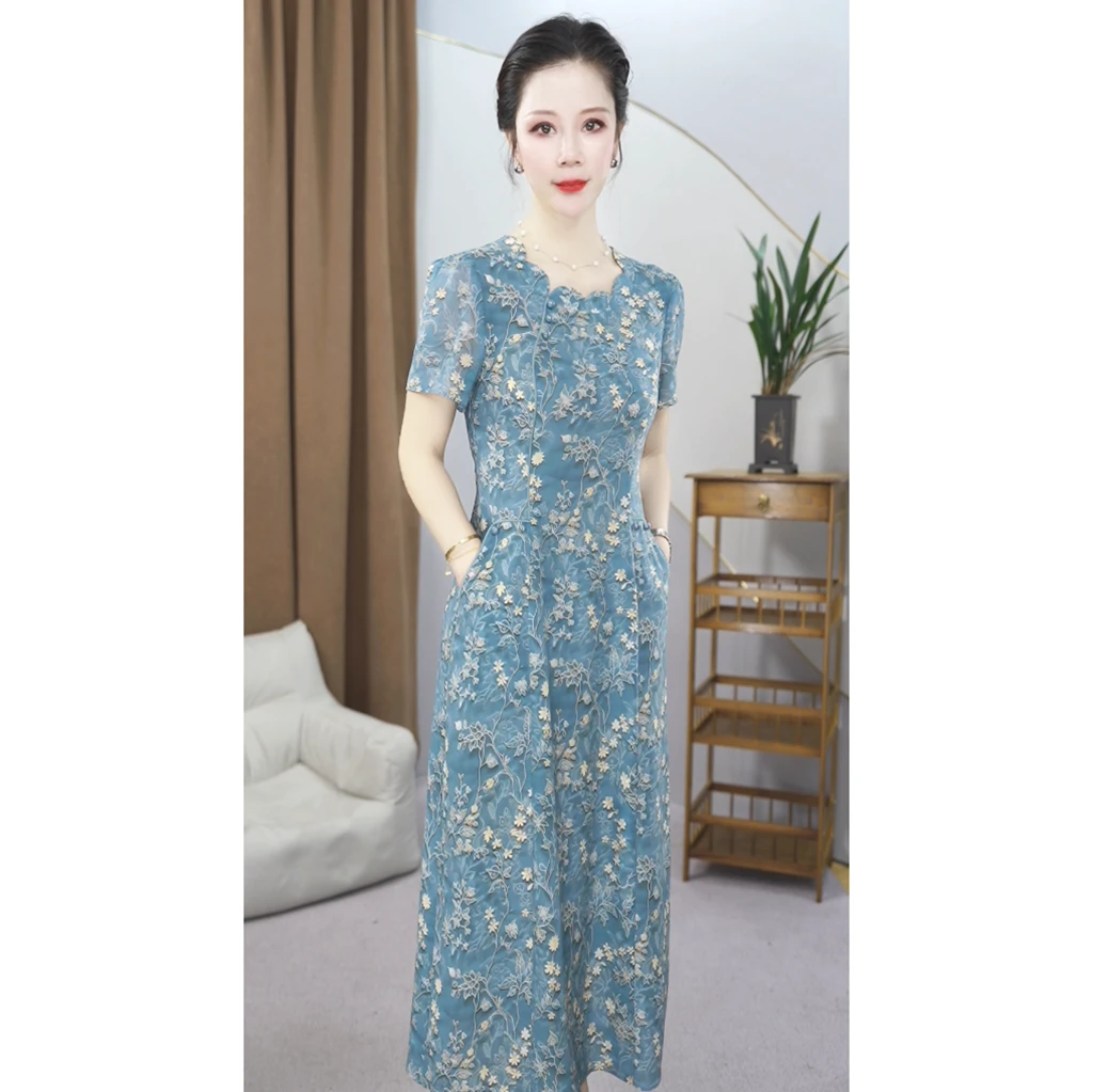 优雅妈妈装连衣裙夏季新款装洋气减龄修身遮肉显瘦中式连衣裙2031