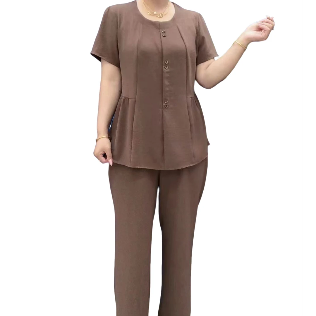 夏季新款休闲遮肉圆领六扣韩版套装【上衣+裤子】