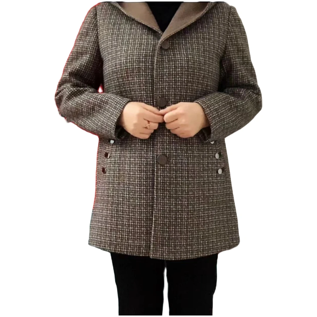 春秋新款洋气时尚妈妈装连帽格子外套