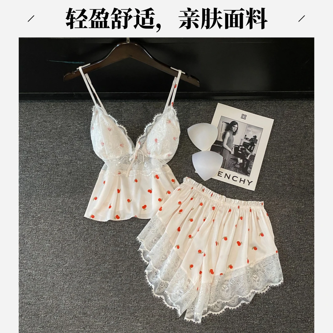 2024新款夏季性感吊带短裤带胸垫高级感冰丝睡衣女两件套装家居服