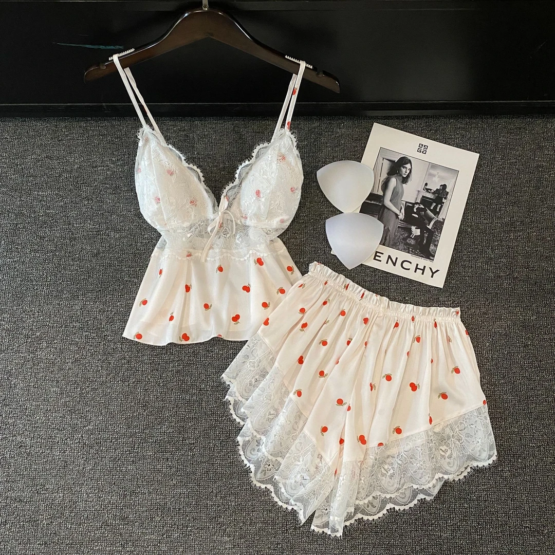 2024新款夏季性感吊带短裤带胸垫高级感冰丝睡衣女两件套装家居服