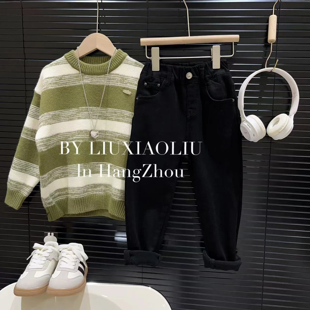 BY LIUXIAOLIU【高级感】韩版高货秋冬季儿童加绒牛仔裤9563