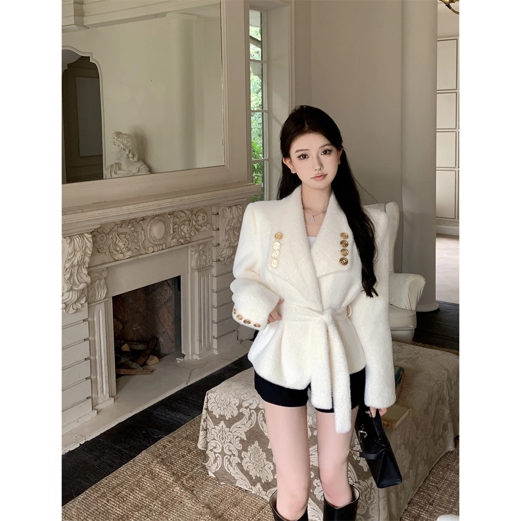 小香风气质翻领细毛绒腰带收腰外套女秋别致长袖夹棉西装西服外套