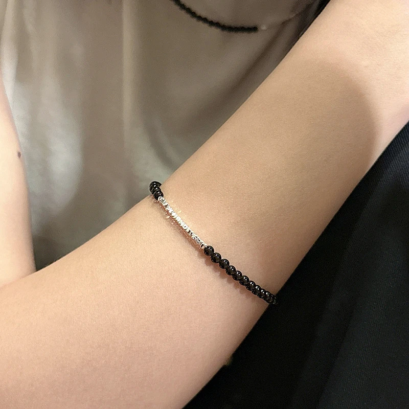 黑玛瑙碎银子手链女s925纯银手环新款轻奢小众简约闺蜜手镯手串