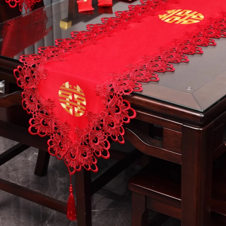 桌旗红色结婚婚礼装饰喜庆电视柜餐桌布新中式喜字订婚长条桌布