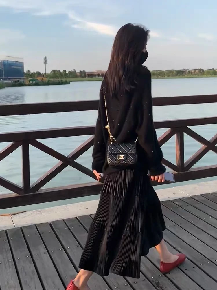 【唐小木】丝绒半裙时尚百搭网纱裙春季中长款夏季高腰黑色