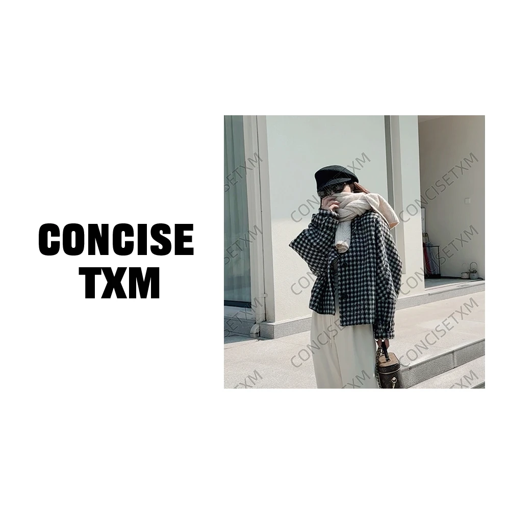 【唐小木】秋冬时尚洋气气质宽松千鸟格毛呢大衣 DY0626