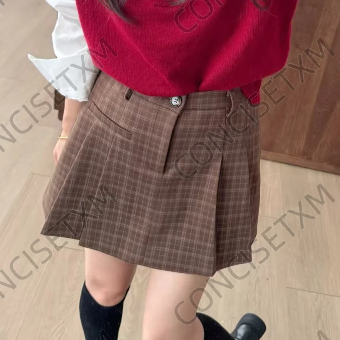 【唐小木】新款韩系学院风小个子收腰显瘦格纹百褶裙  X0577