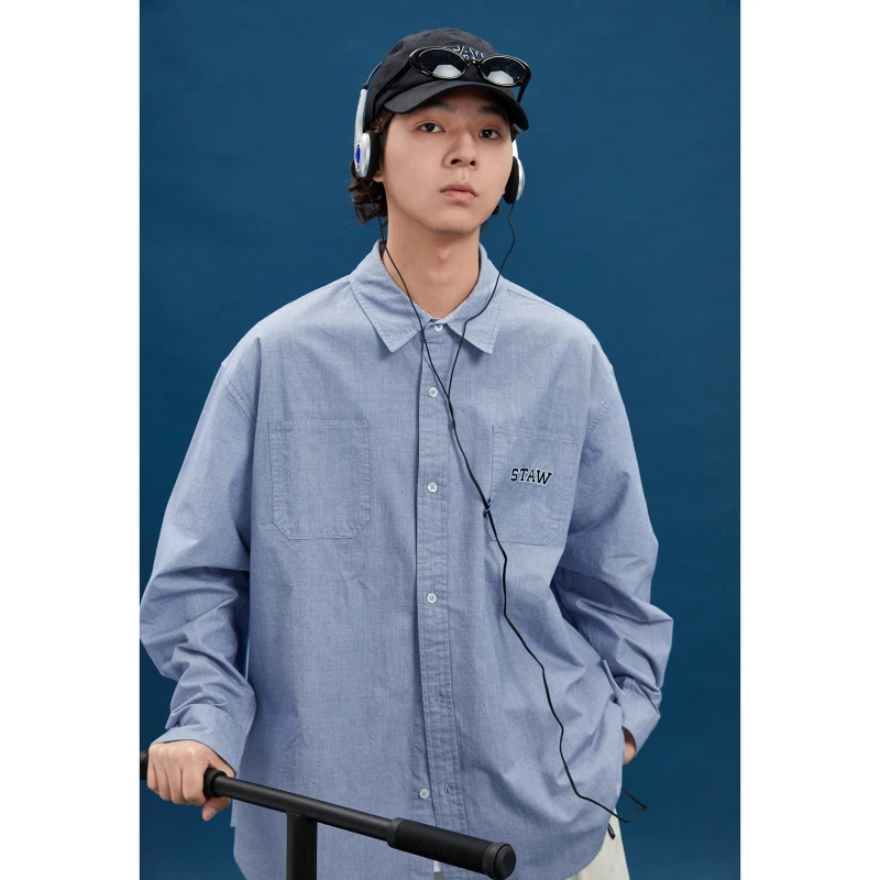 STAW日系学院风秋季刺绣logo尖领休闲口袋衬衣纯色长袖衬衫男