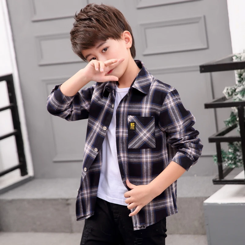 男童长袖衬衫中学生纯棉格子衬衣中大童黑色衬衫休闲开衫春秋装潮
