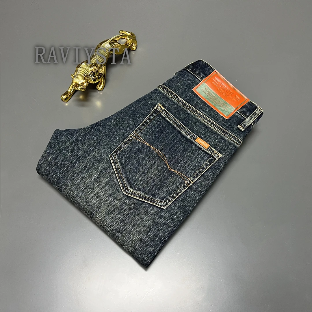 RAVIYSTA秋冬男士修身牛仔裤水洗怀旧猫须舒适弹力显瘦长裤子男装