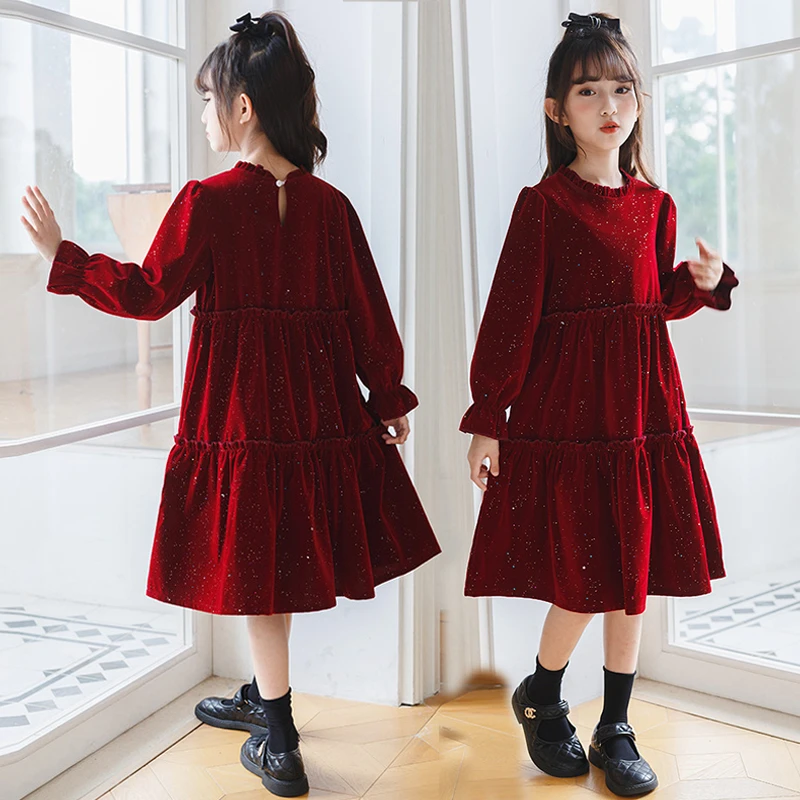 女童洋气连衣裙中大童礼服儿童红色拜年服小女孩加绒秋冬裙子