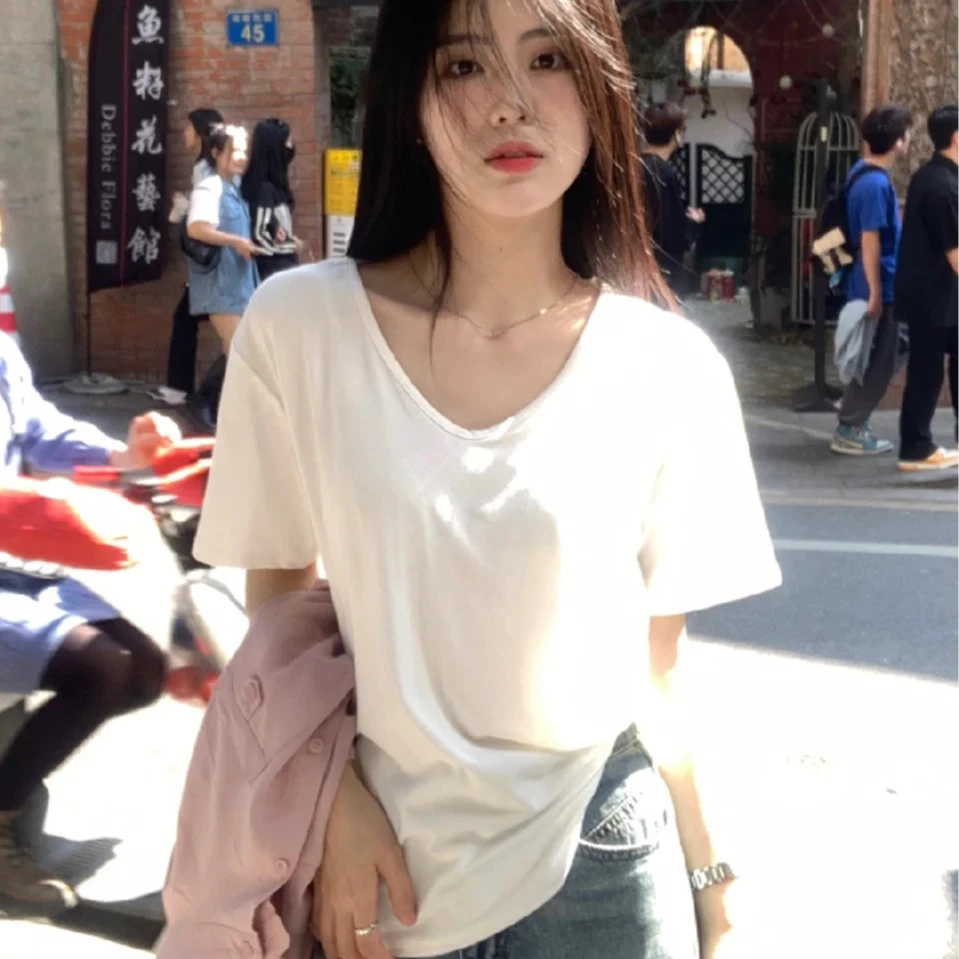 夏季新款【两件装】纯色大领口V领短袖t恤女宽松休闲显瘦内搭打底衫