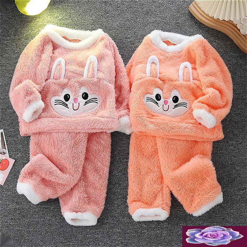 女童睡衣套法兰绒家居服秋冬款儿童加厚女宝宝珊瑚绒睡衣加绒套装