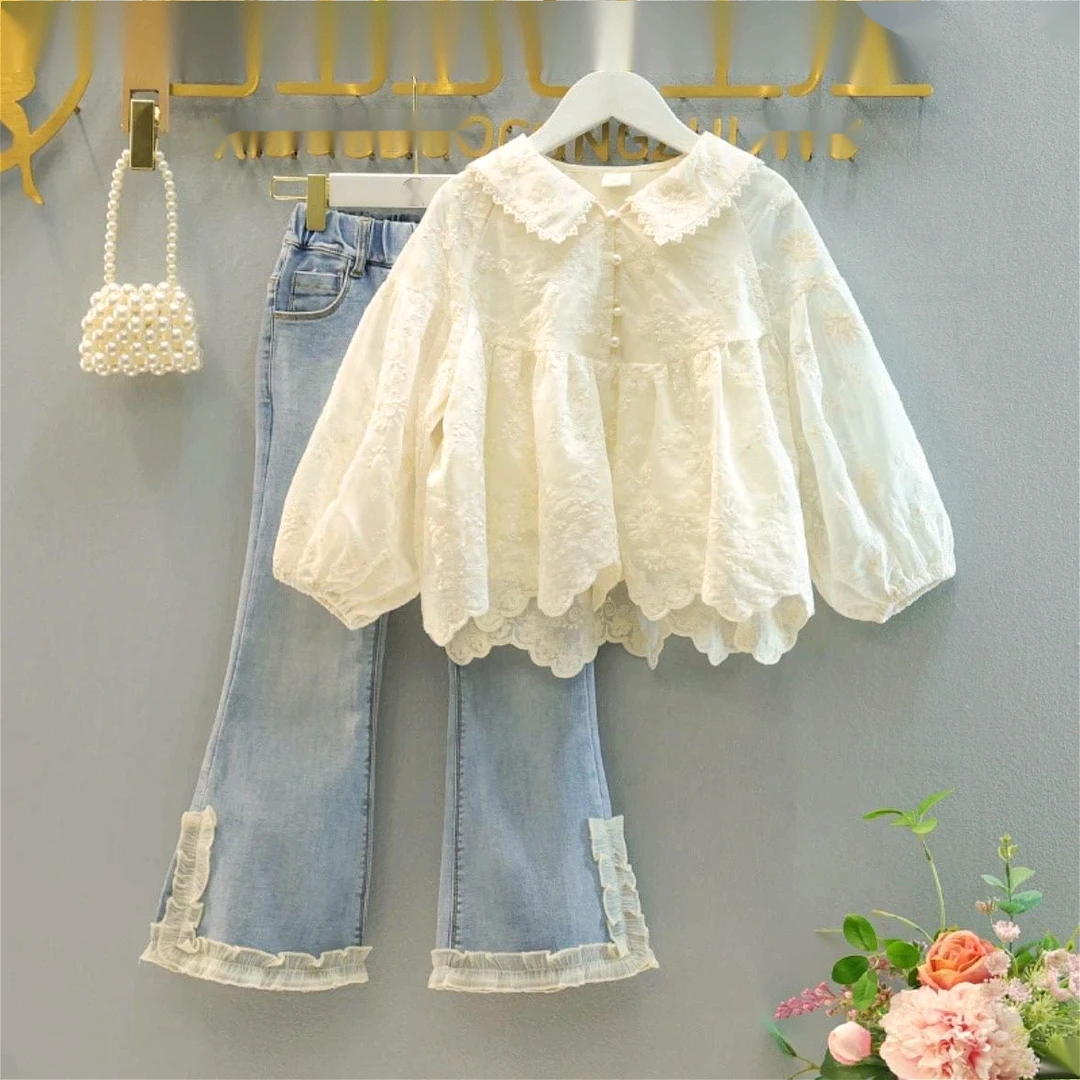 女童春秋套装2024新款洋气蕾丝娃娃领衬衫儿童公主牛仔裤两件套潮