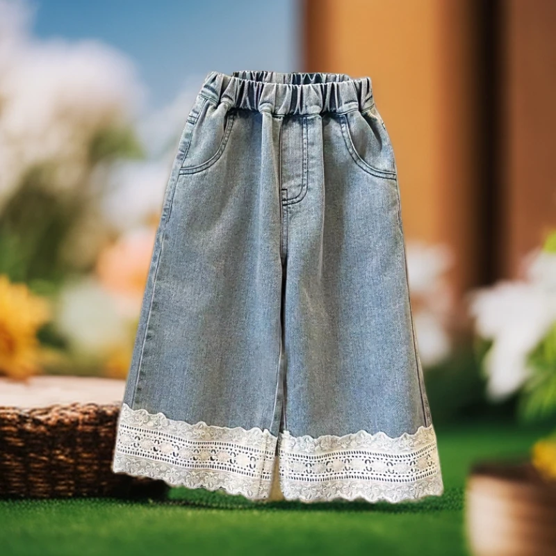 女宝牛仔裤春秋季女童牛仔裤女宝宝休闲百搭花边直筒裤小女孩长裤