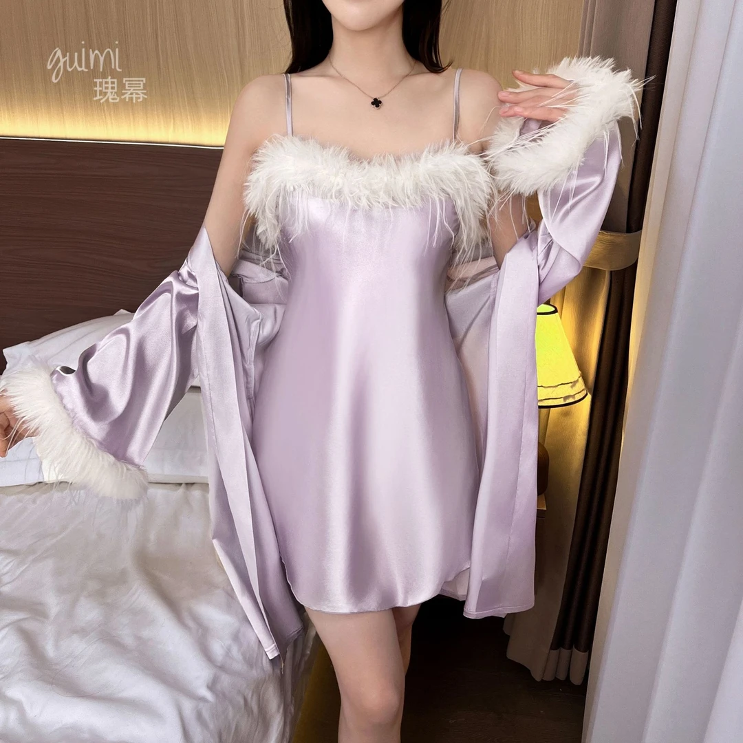 性感睡衣简约羽毛拼接纯欲风吊带女轻奢睡裙外袍气质家居服套装