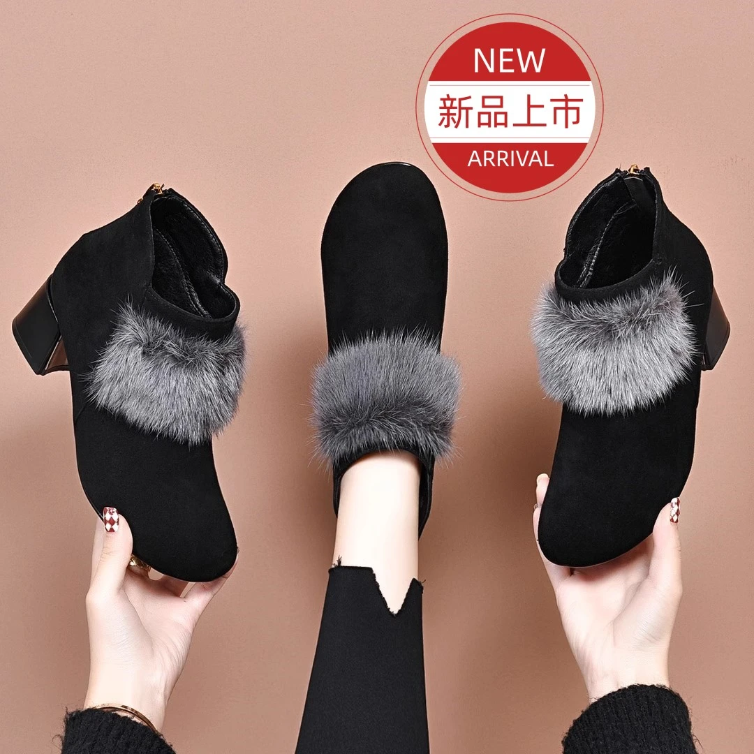 2024新款秋冬季真皮磨砂小短靴女圆头粗跟加绒水貂毛羊皮妈妈靴子