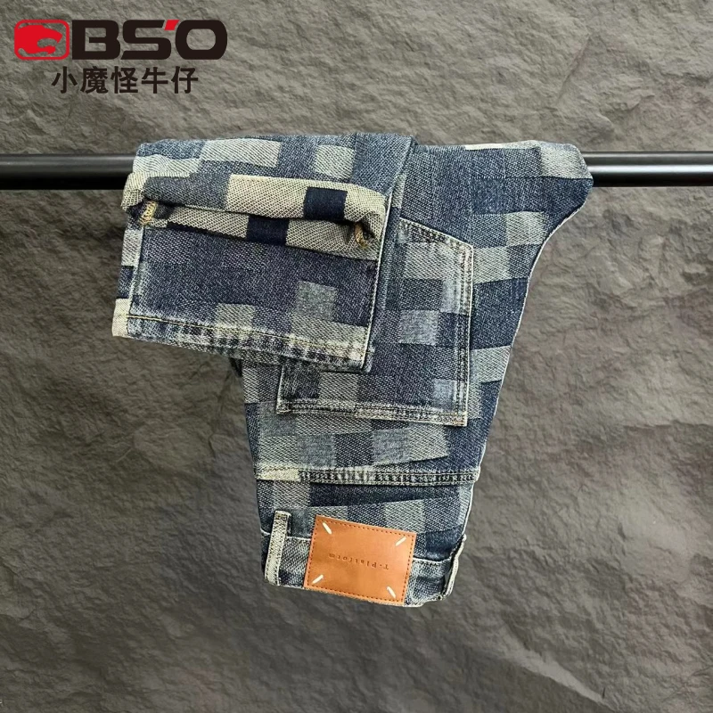 小魔怪2025春季马赛克格子牛仔裤男宽松直筒高街美式复古裤子