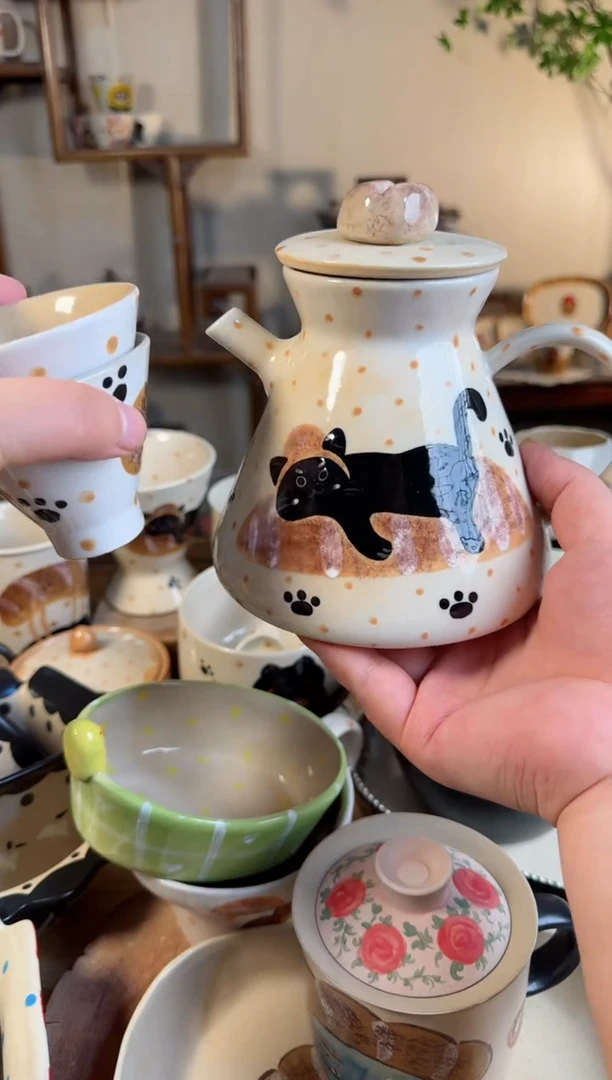 【闪购商品】杯面包猫咪1壶2杯高温瓷器