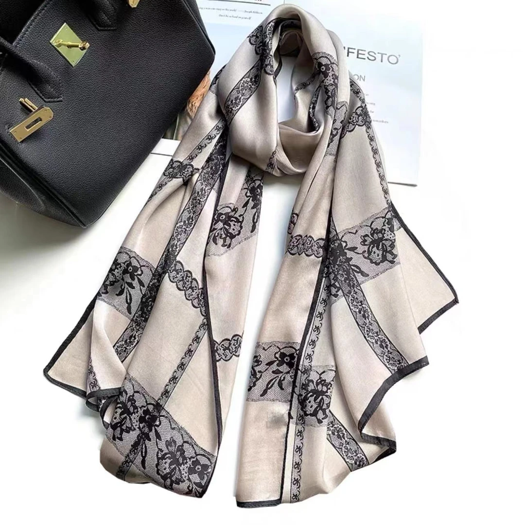 桑蚕丝丝巾 香槟色大气蕾丝印花170长巾时尚高端真丝围巾爆款K001