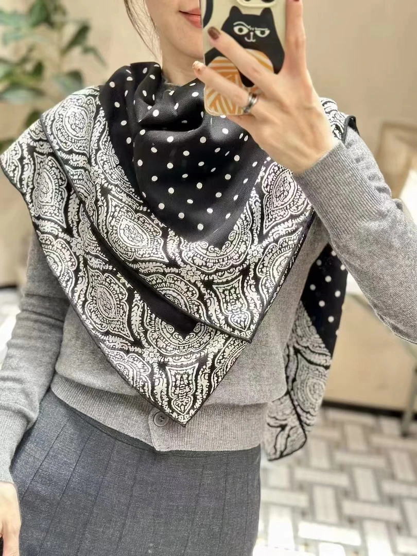 丝毛双面腰果波点105方巾手工卷边复古风女士真丝羊毛围巾F222