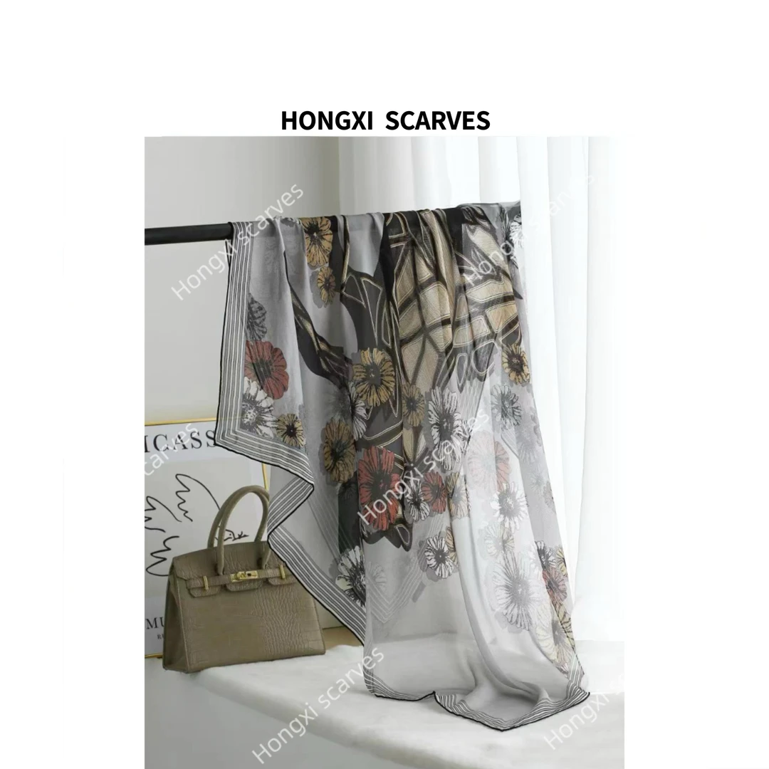 Hongxi Scarves/鸿晰丝巾桑蚕丝单面西丽纱鲜花马驹105方巾F054