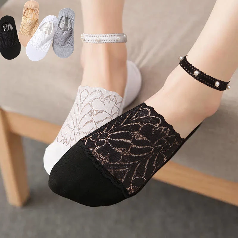 2025春夏季新款薄款透气女士浅口黑色蕾丝深口珠珠袜隐形船袜时尚