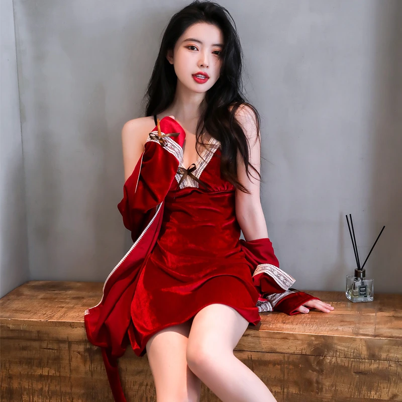 2022新款性感金丝绒睡衣女秋冬季红色本命年吊带睡裙睡袍家居服