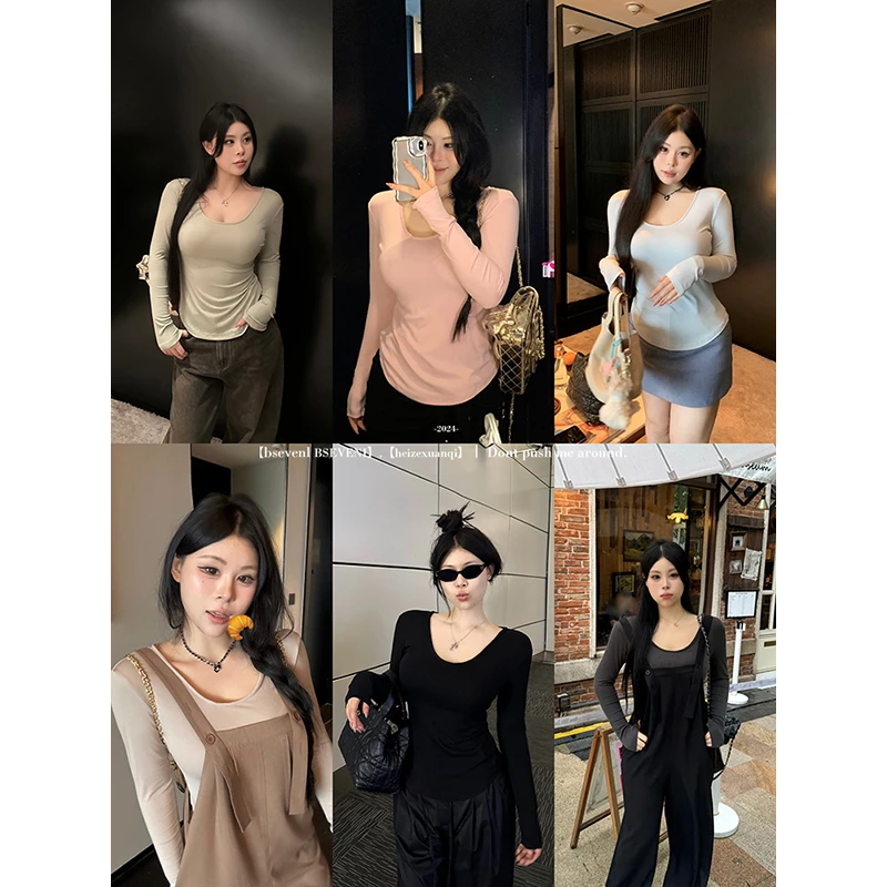 黑泽玄七打底衫秋季新款韩系甜辣微胖遮肚正肩显瘦t恤上衣女