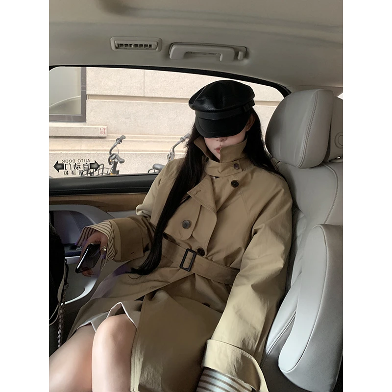 黑泽玄七 微胖mm韩版高腰显瘦正肩薄款风衣长款外套女98233F7812