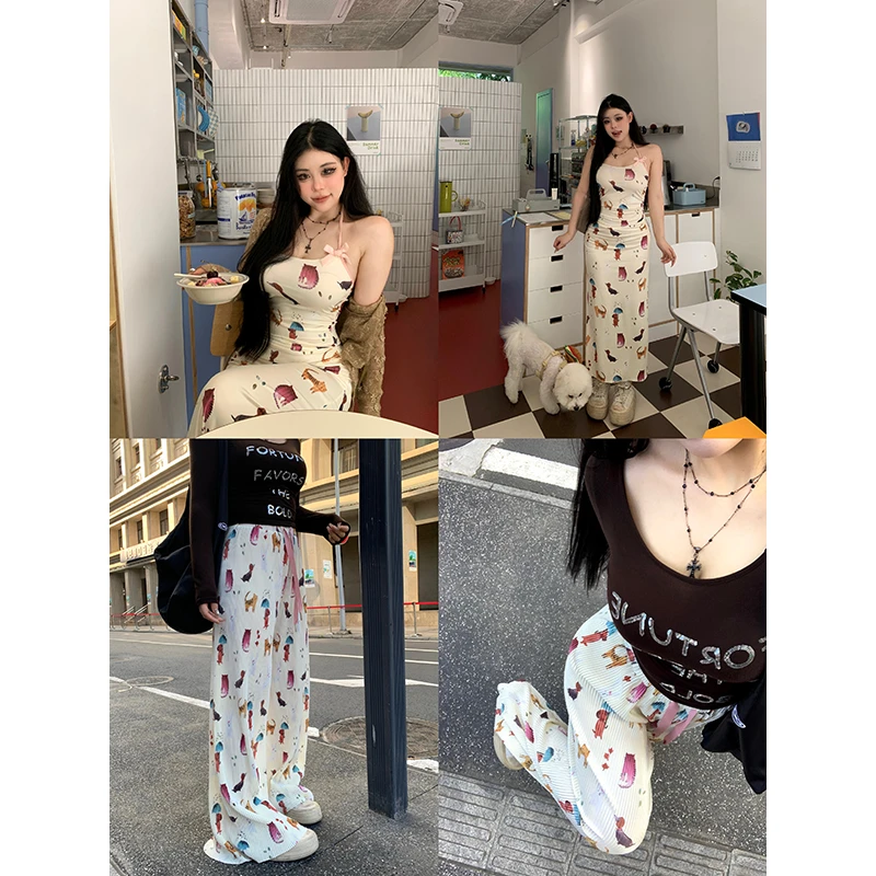 黑泽玄七 微胖mm显瘦动物印花挂脖吊带连衣裙女98233L2230