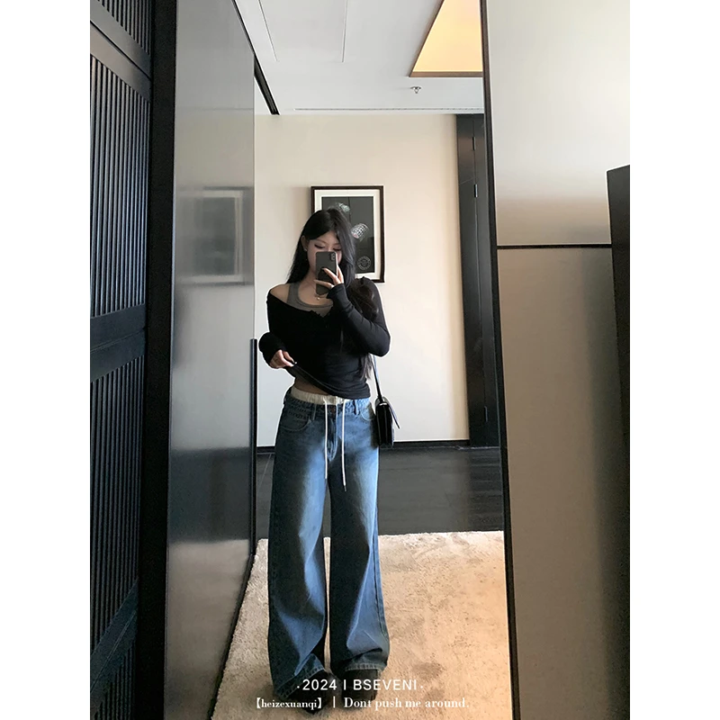 黑泽玄七牛仔裤秋冬微胖显瘦双腰头设计感做旧复古宽松阔腿裤女