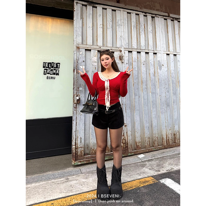 黑泽玄七“加绒小短裤”辣妹时尚反季节复古百搭设计感秋冬短裤