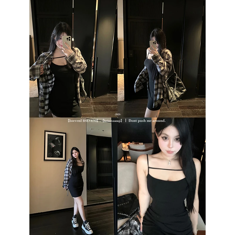 黑泽玄七吊带裙夏季新款微胖遮肉显瘦高弹辣妹两色连衣裙女