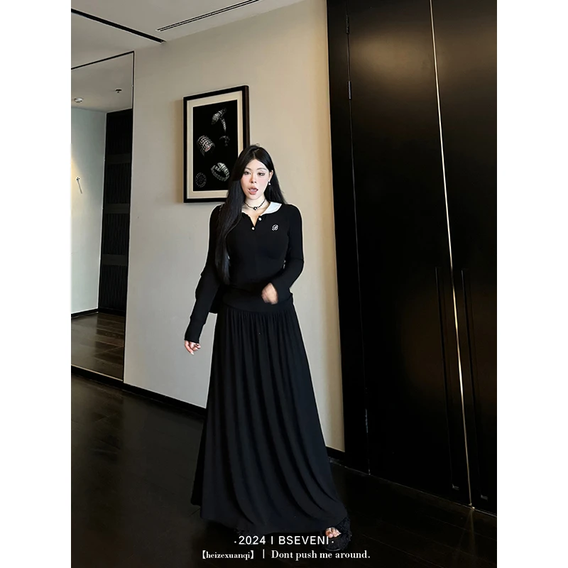 黑泽玄七套装秋季新款微胖显瘦刺绣翻领衫垂感半身裙两件套女