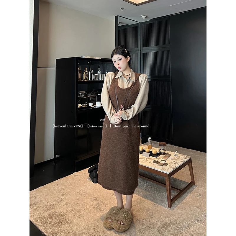 黑泽玄七微胖mm2023冬季新款针织连衣裙高腰显瘦保暖叠穿毛衣裙女
