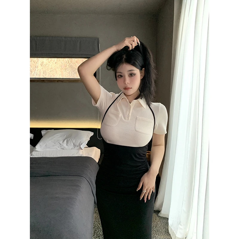 黑泽玄七 碎褶收腰显瘦开叉长短款挂脖套装裙女98231PL9934/L6323