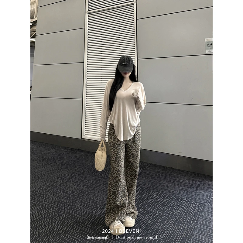 黑泽玄七高街痞雅豹纹裤秋季新款微胖显瘦显腿长休闲裤子女