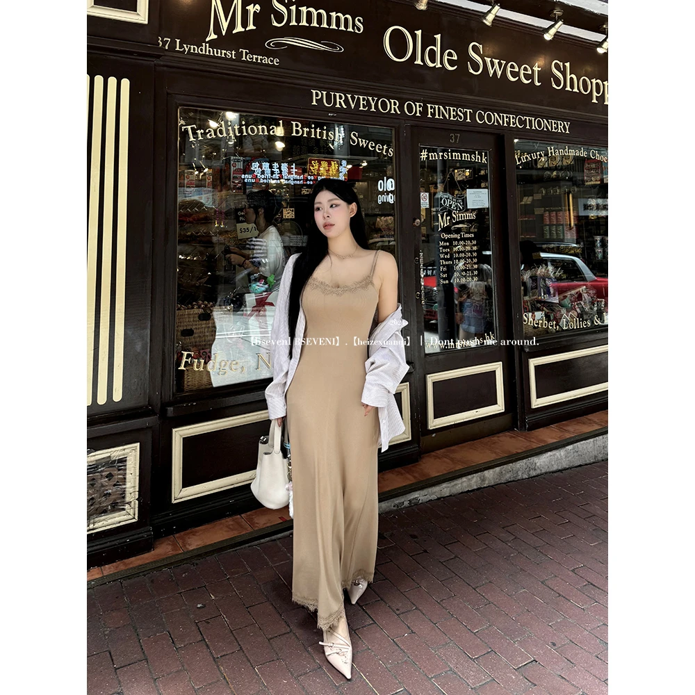 【现货链接】黑泽玄七连衣裙新款微胖收腰显瘦超好看蕾丝吊带长裙女