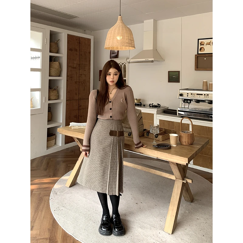 黑泽玄七微胖针织开衫千鸟格百褶半裙套装98223MZ3436/98223B9949