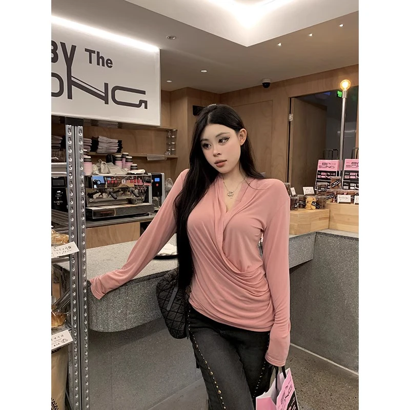黑泽微胖mm2023早秋新款甜辣小上衣设计感小众显瘦长袖t恤女