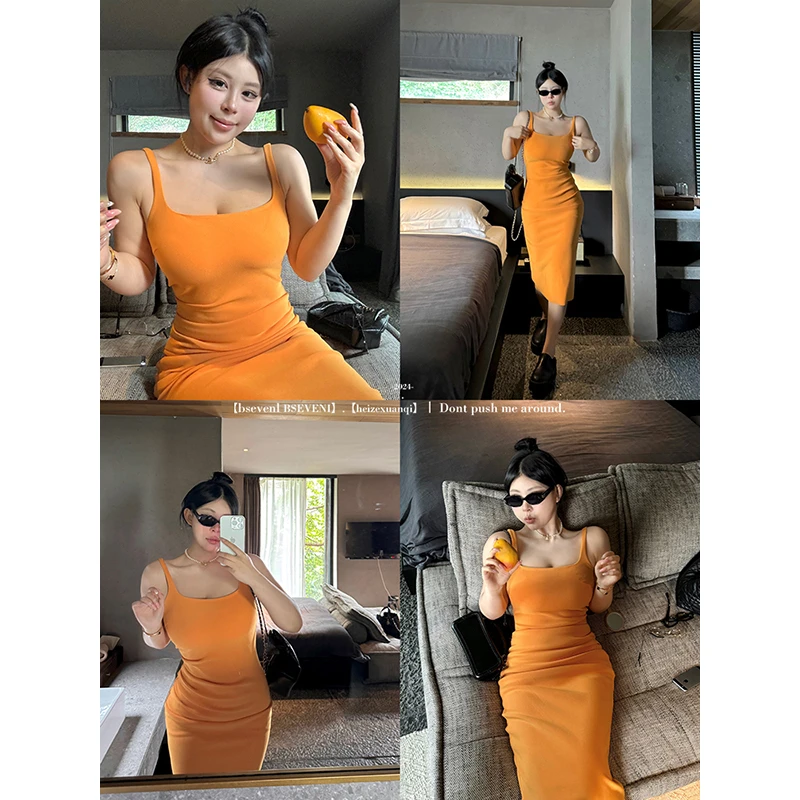 黑泽玄七连衣裙2024夏季新款方领收腰微胖显高显瘦气质吊带裙女