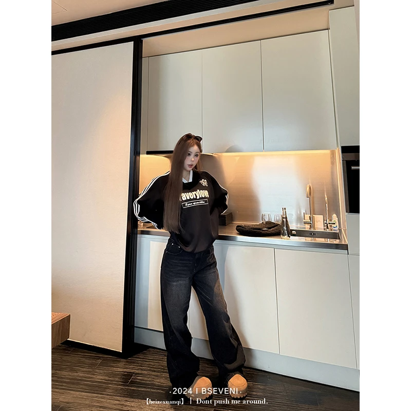 黑泽玄七牛仔裤秋冬微胖显瘦直筒阔腿加绒加厚高腰显瘦宽松裤子女