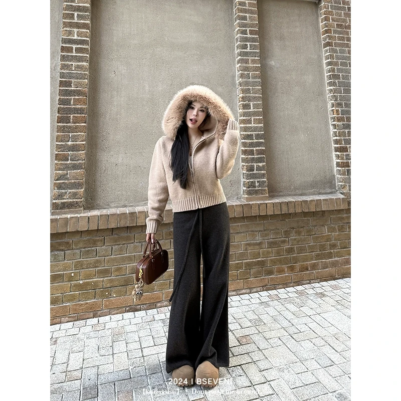 黑泽玄七冬季新款糯米裤显瘦垂感橡筋腰头毛织休闲裤女