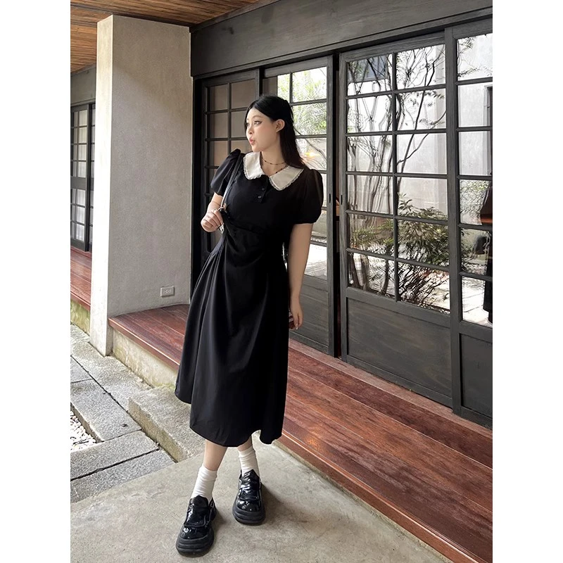 黑泽玄七微胖mm2023夏季新款娃娃领高腰显瘦连衣裙女98233L4784